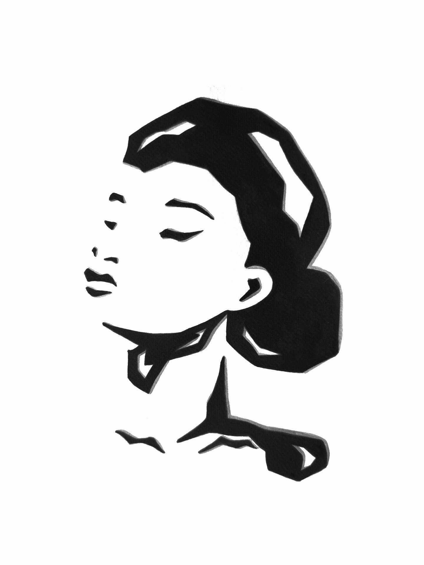 Black and white illustration of a stylized face with closed eyes on a white background