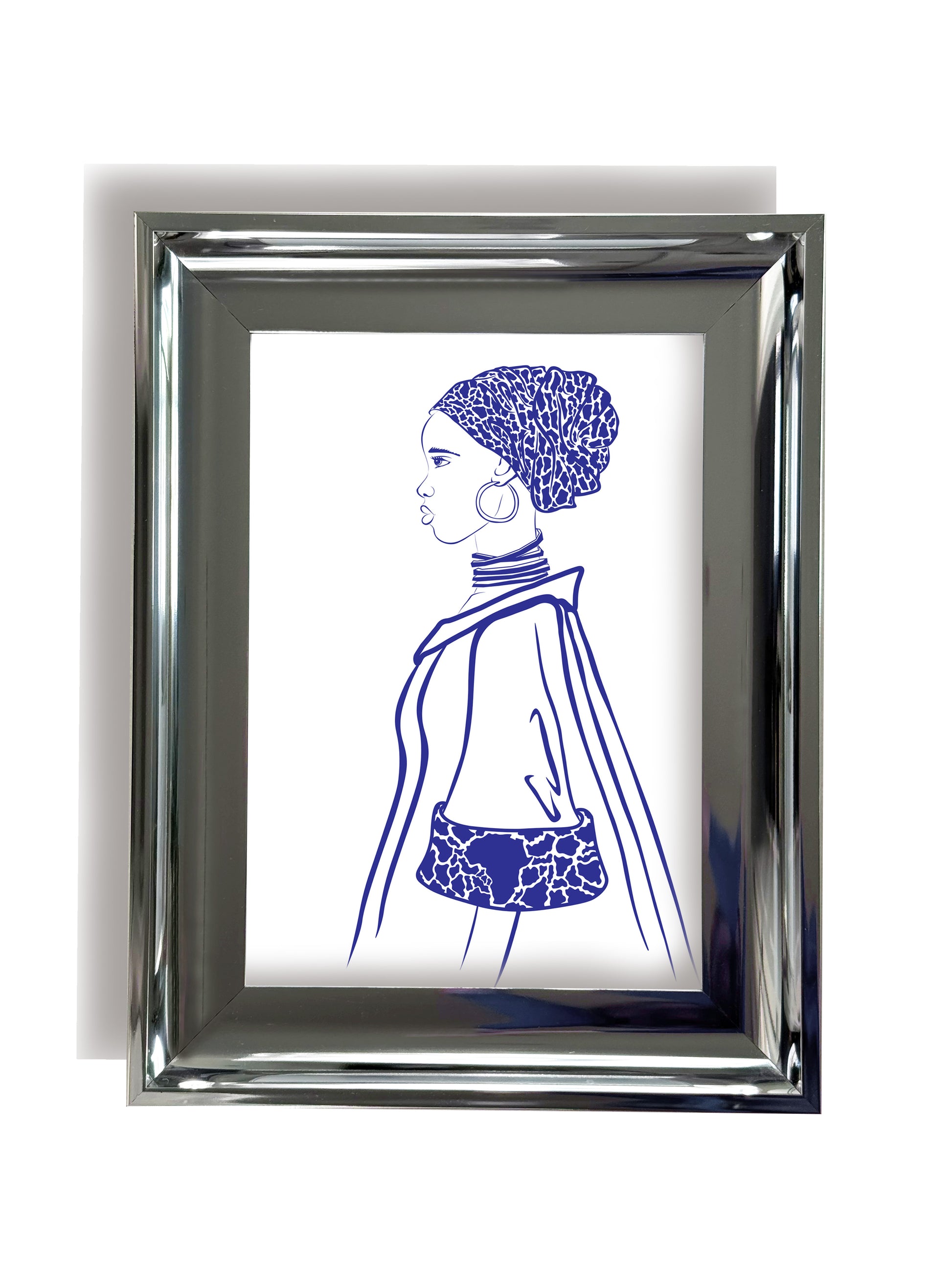 Framed artwork of a African woman with a patterned headscarf and outfit on a white background