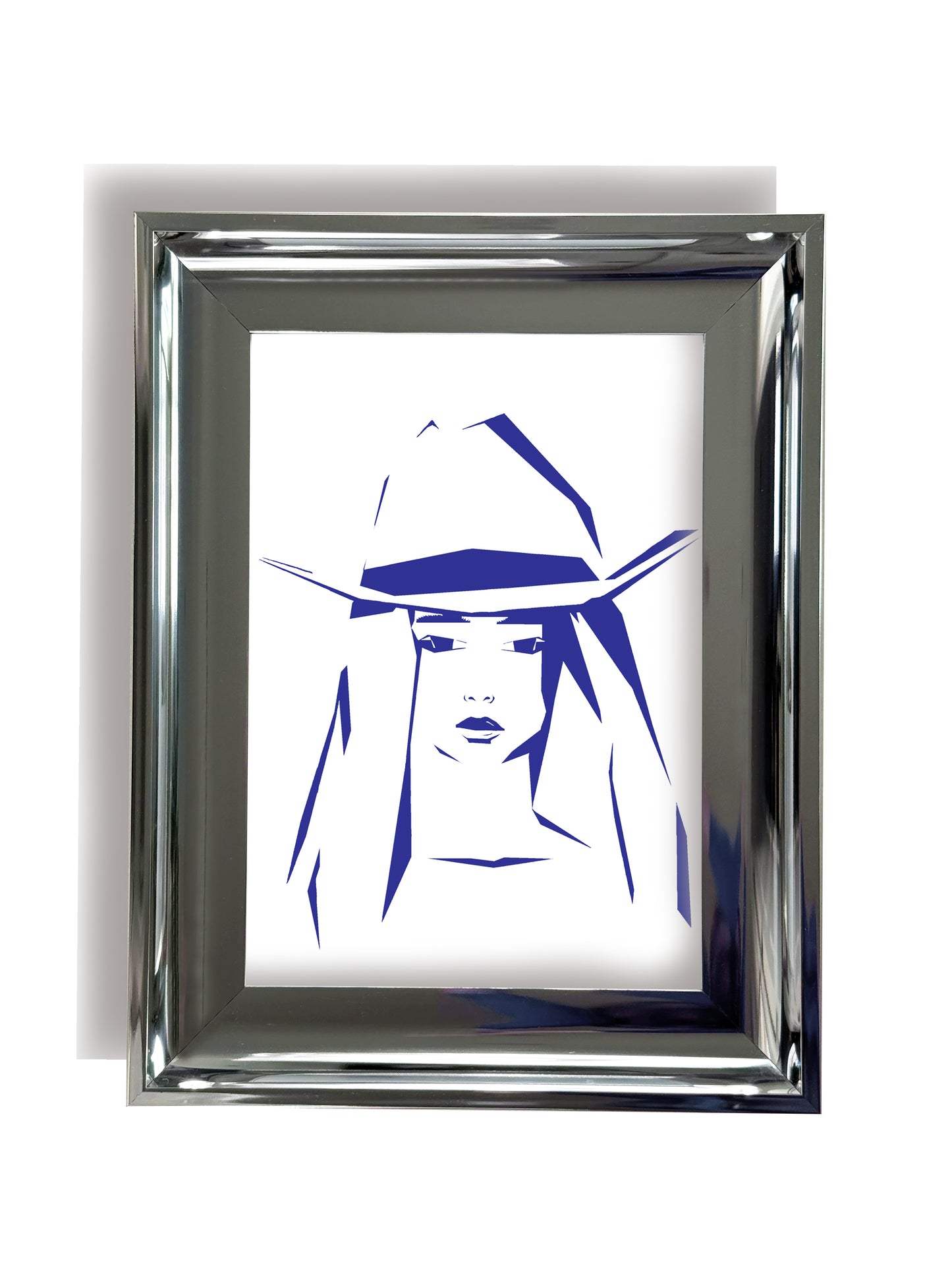 Framed portrait artwork of a stylized American Girl with a blue hat on a white background