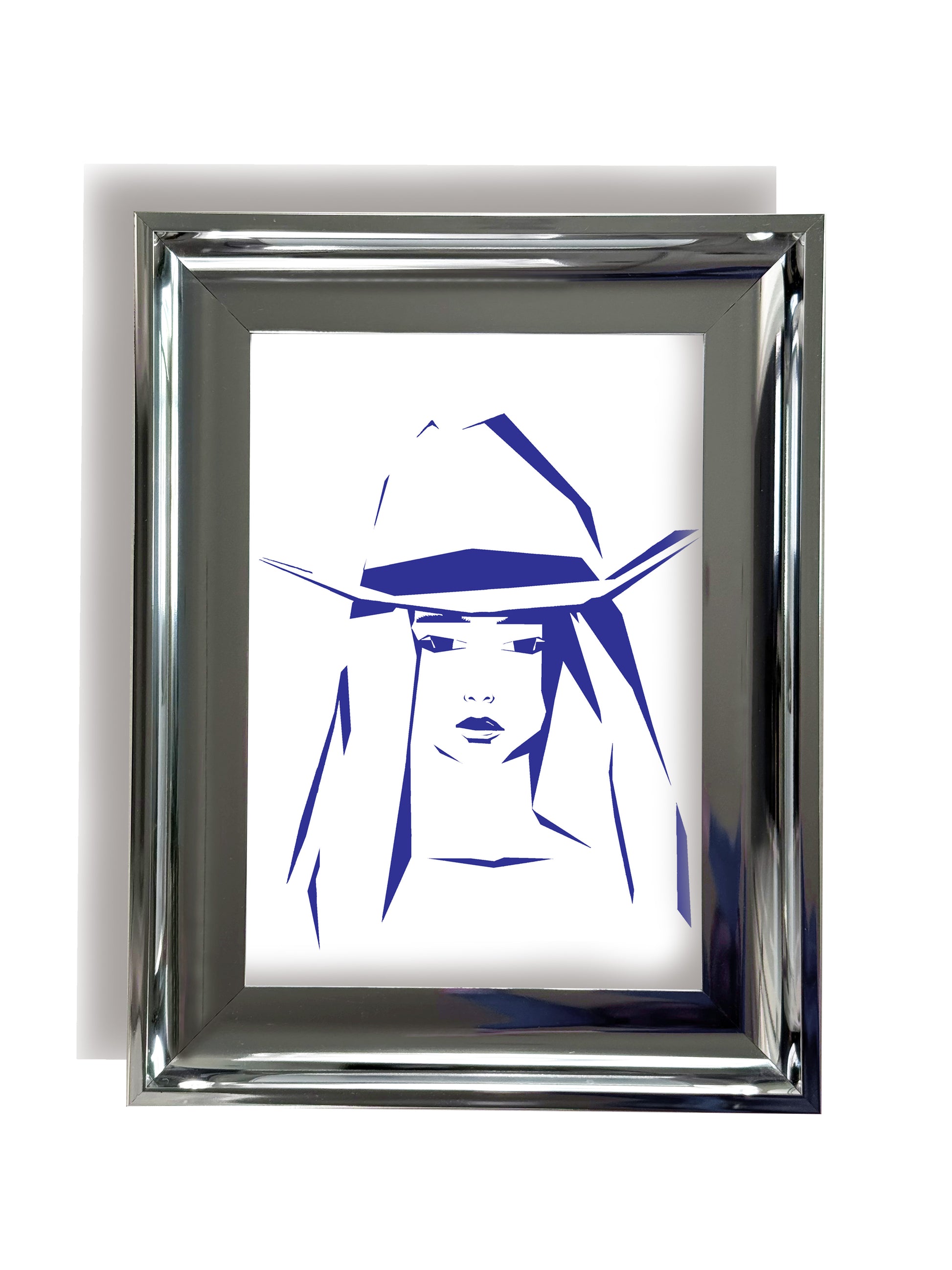 Framed portrait artwork of a stylized American Girl with a blue hat on a white background