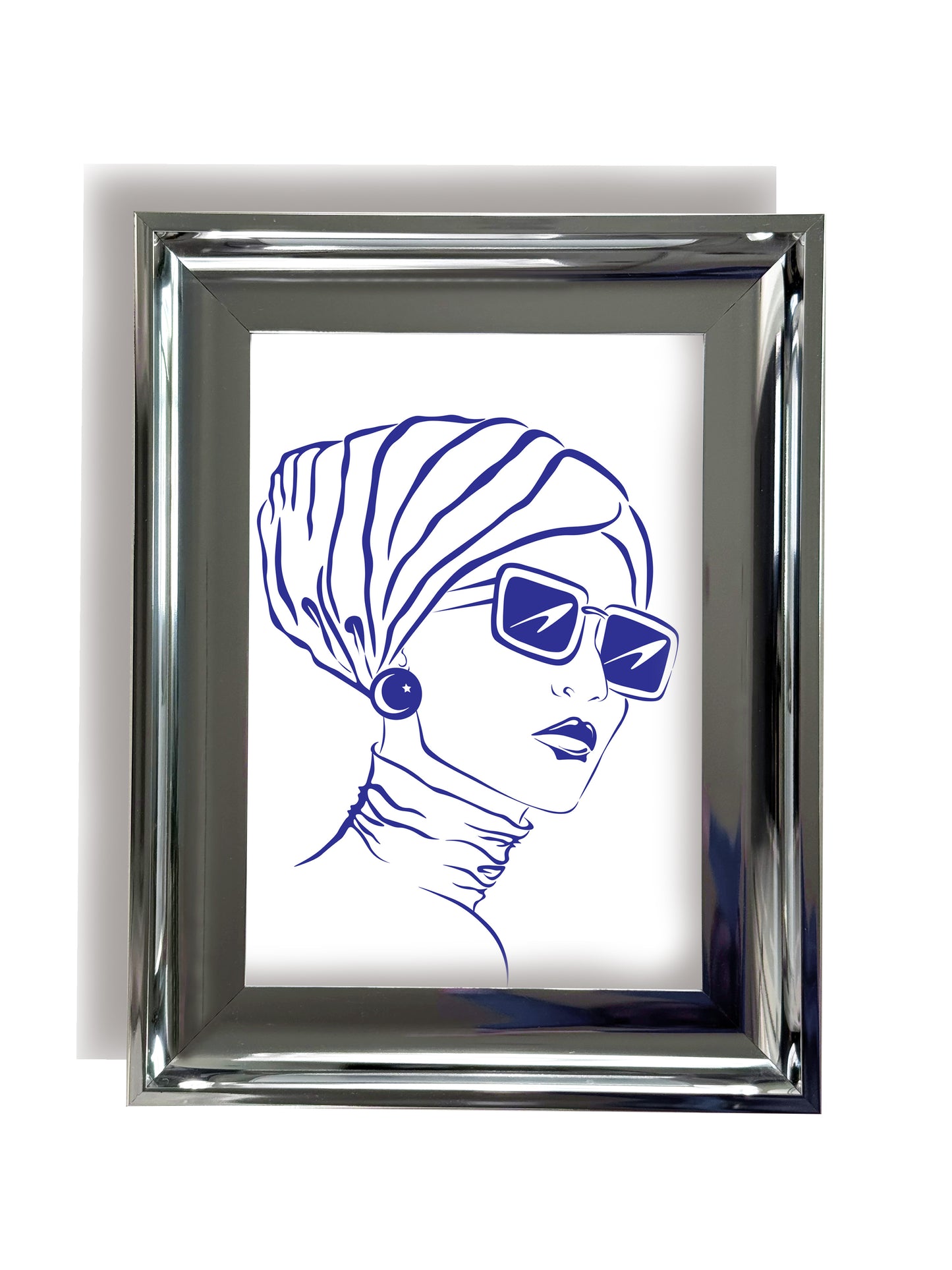 Framed portrait artwork of an Arabic woman wearing sunglasses and a headscarf on a white background