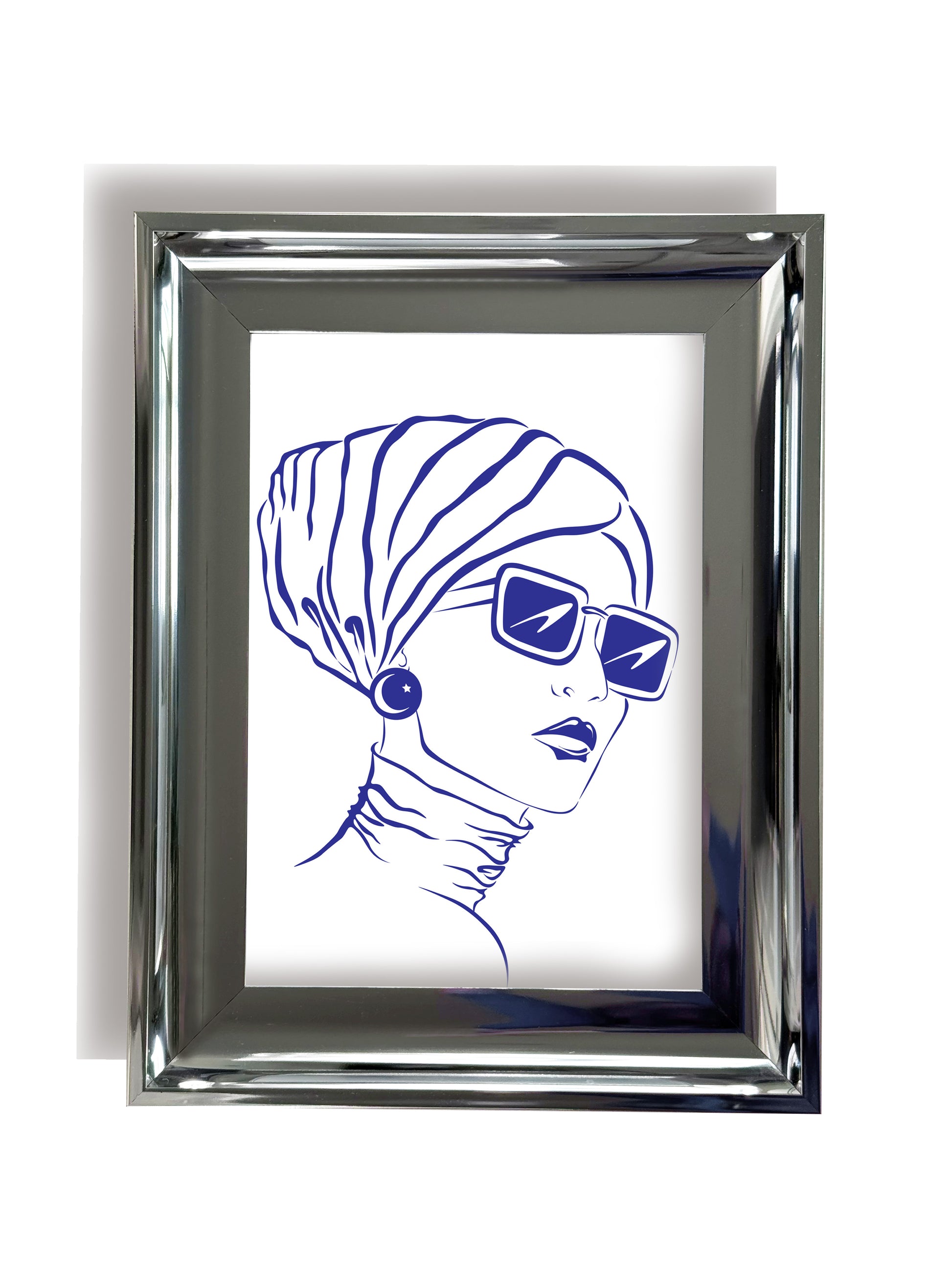 Framed portrait artwork of an Arabic woman wearing sunglasses and a headscarf on a white background