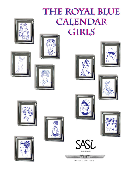 Calendar cover with framed illustrations of women's faces, titled 'The Royal Blue Calendar Girls' by SASI.