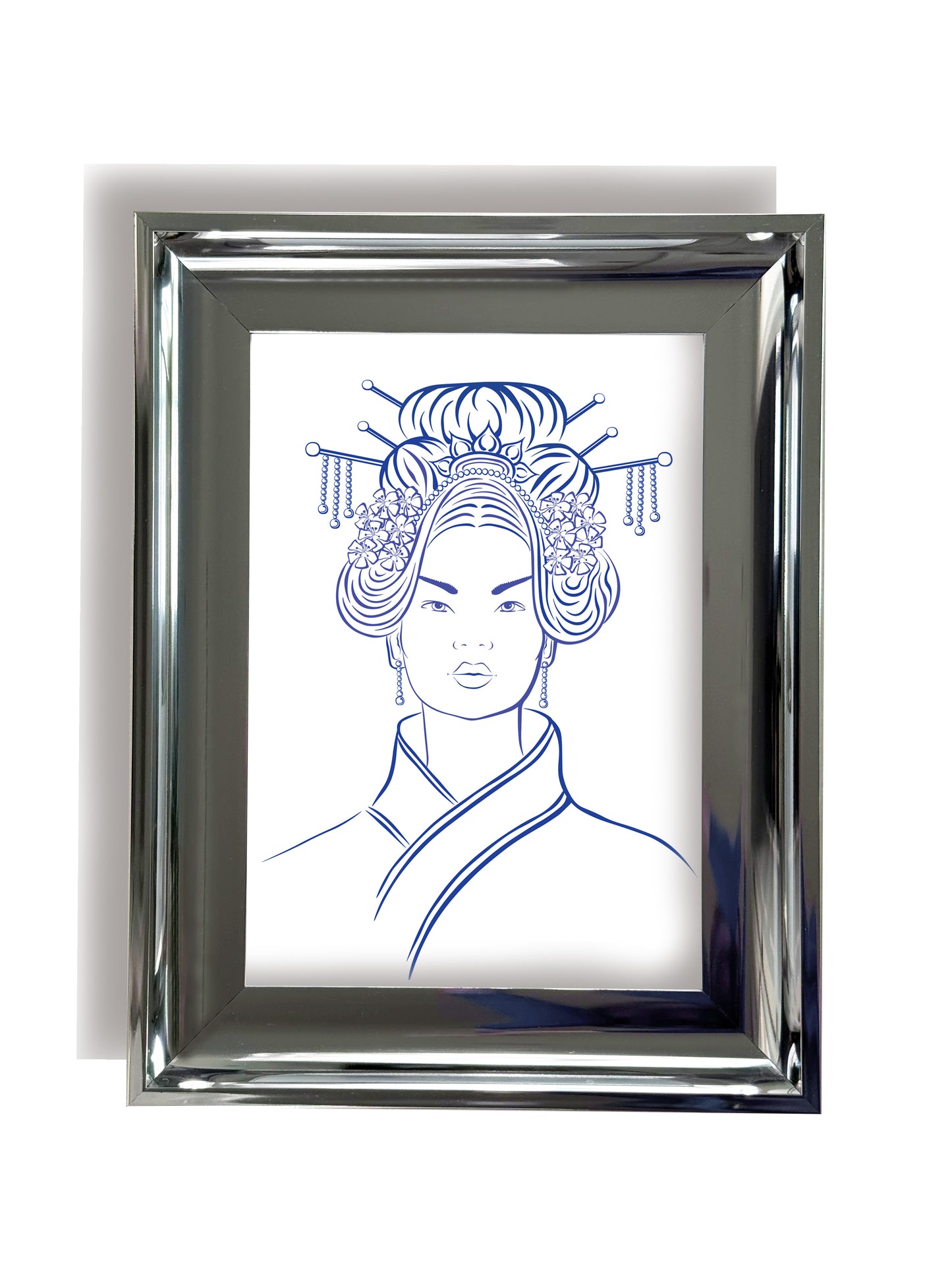 Portrait, framed artwork of a Chinese woman with traditional headpiece on a white background