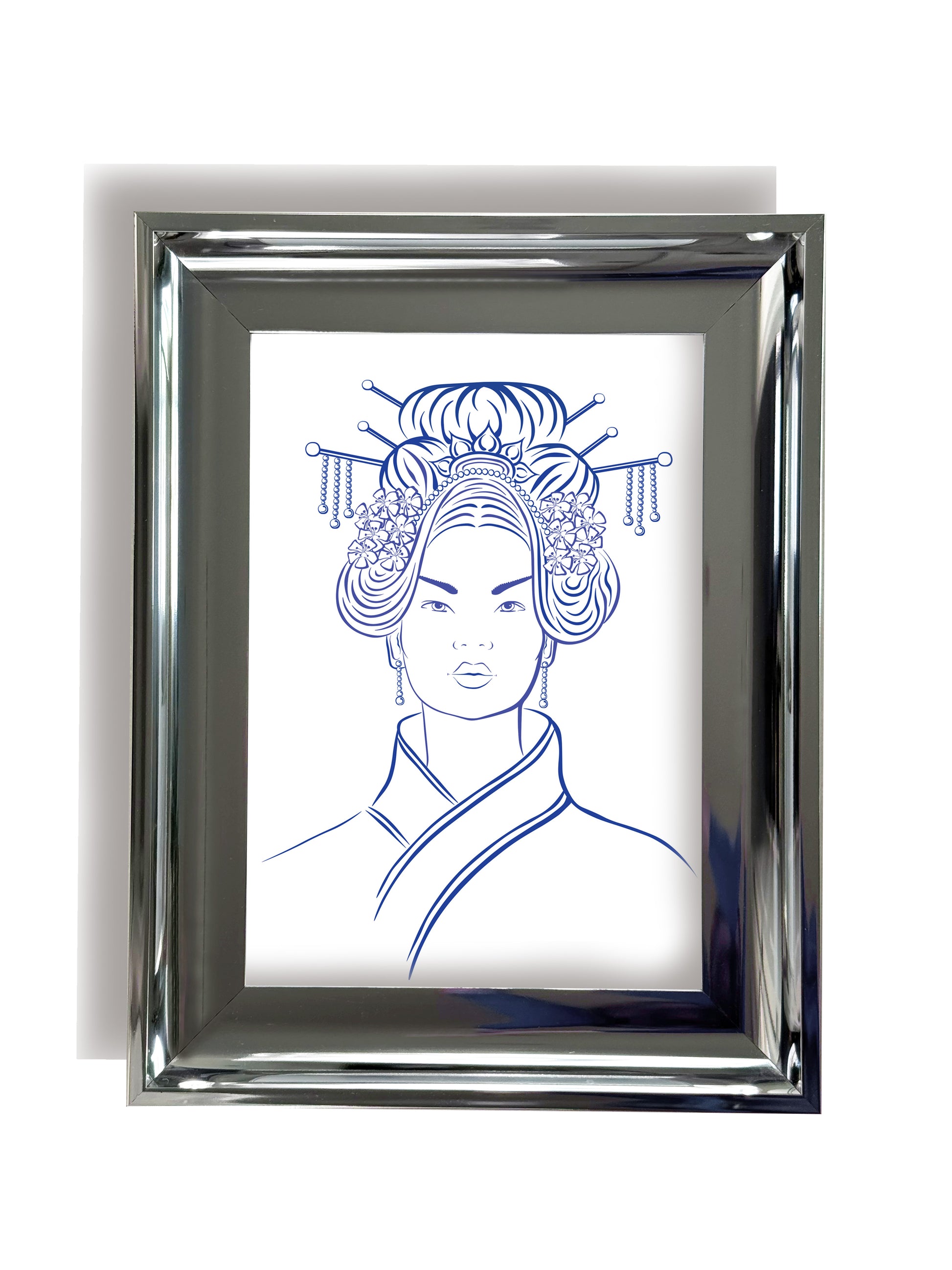 Portrait, framed artwork of a Chinese woman with traditional headpiece on a white background