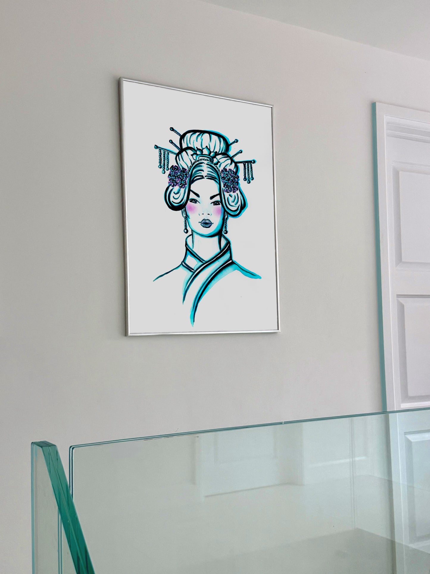 Original minimalist ink portrait of a Chinese princess inspired woman with decorative hair ornaments, black line art with teal accents on white background.


Asian Female, Art, Turquoise Art, Portrait,  Fashion, Blue Art, Minimalist Art, Hallway, Frame, Picture
