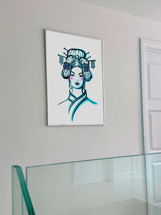 Original minimalist ink portrait of a Chinese princess inspired woman with decorative hair ornaments, black line art with teal accents on white background.


Asian Female, Art, Turquoise Art, Portrait,  Fashion, Blue Art, Minimalist Art, Hallway, Frame, Picture