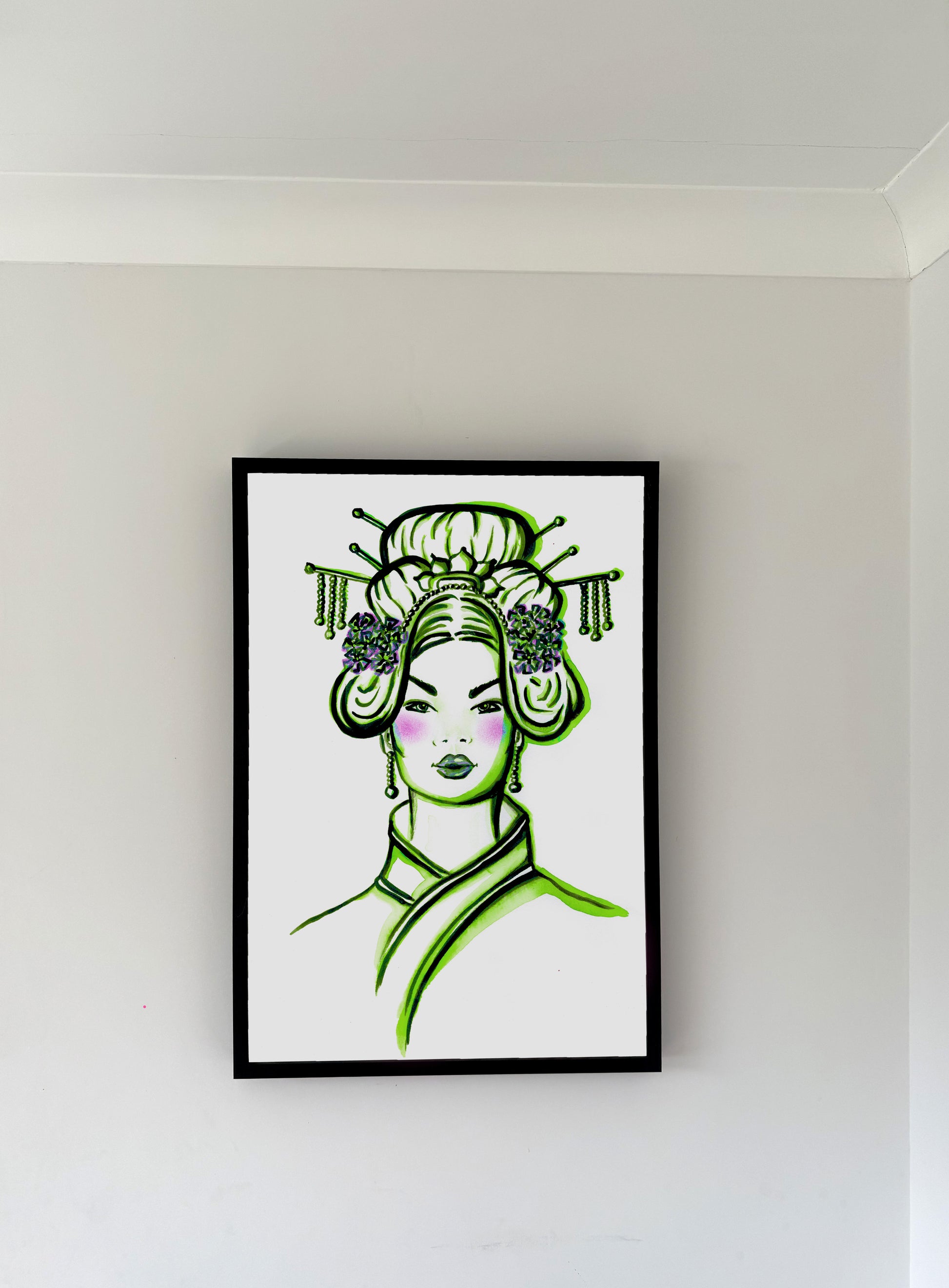 Asian Female, Art, Turquoise Art, Portrait,  Fashion, Lime Art, Minimalist Art, Picture, Frame