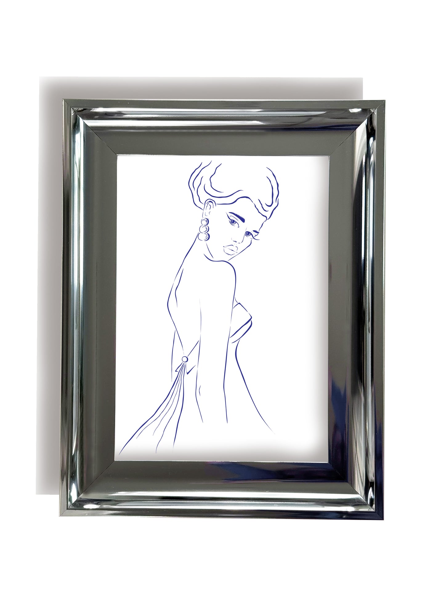 Framed line drawing of an elegant French woman with a silver frame on a white background
