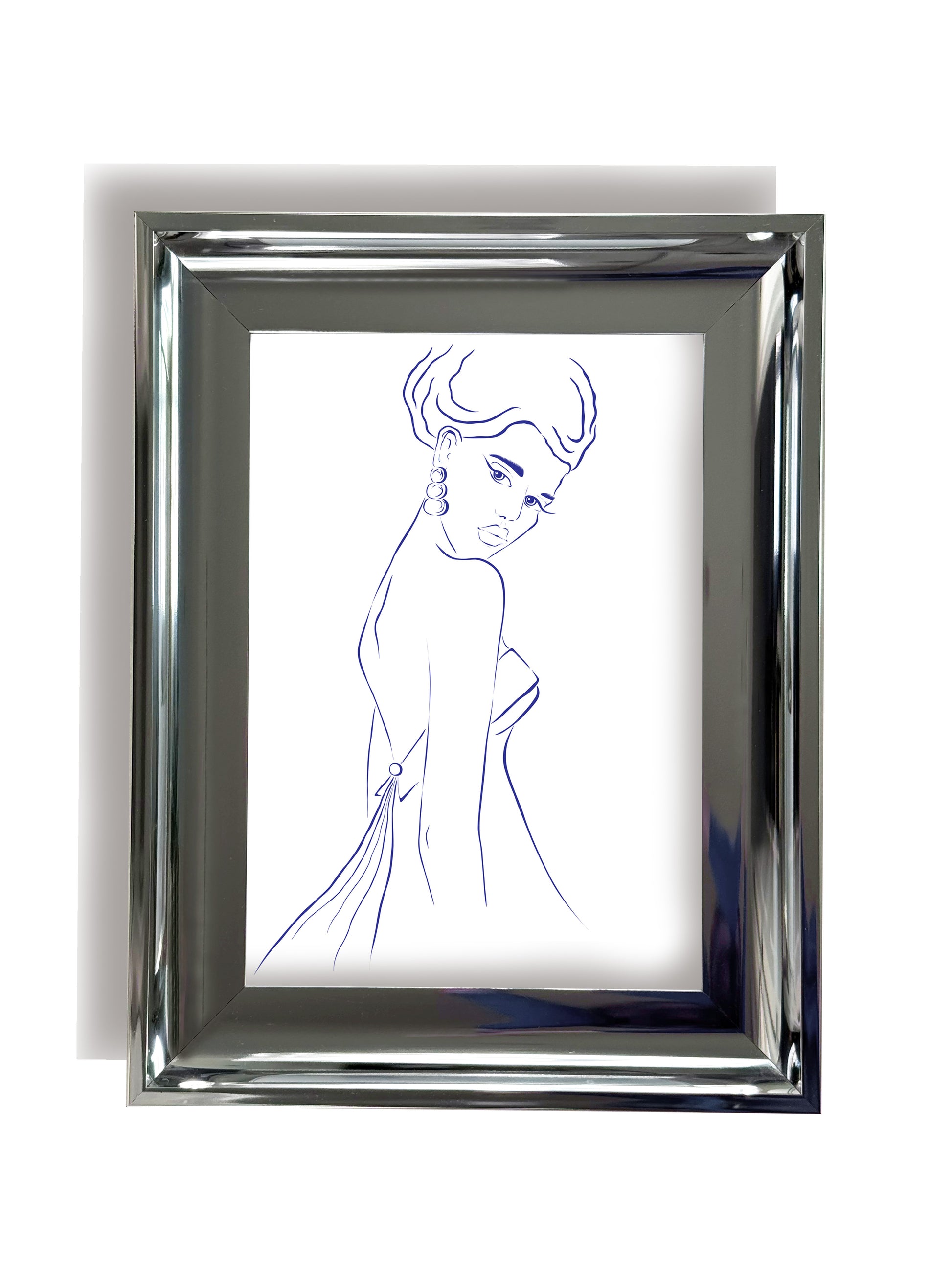 Framed line drawing of an elegant French woman with a silver frame on a white background