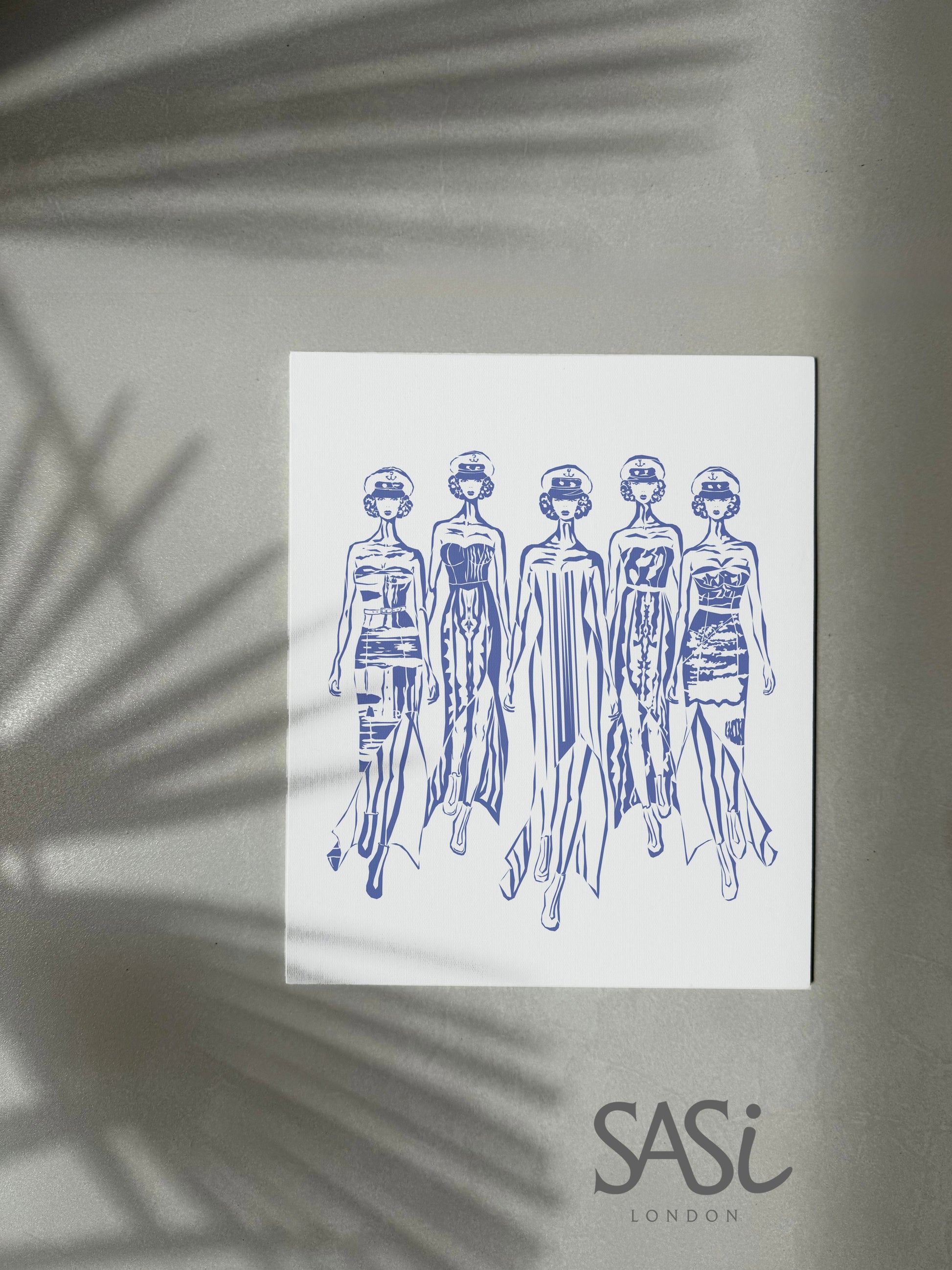 Original art work, blue acrylic abstract, figurative art of five fashion models on a white card wearing sailor style caps and dresses.