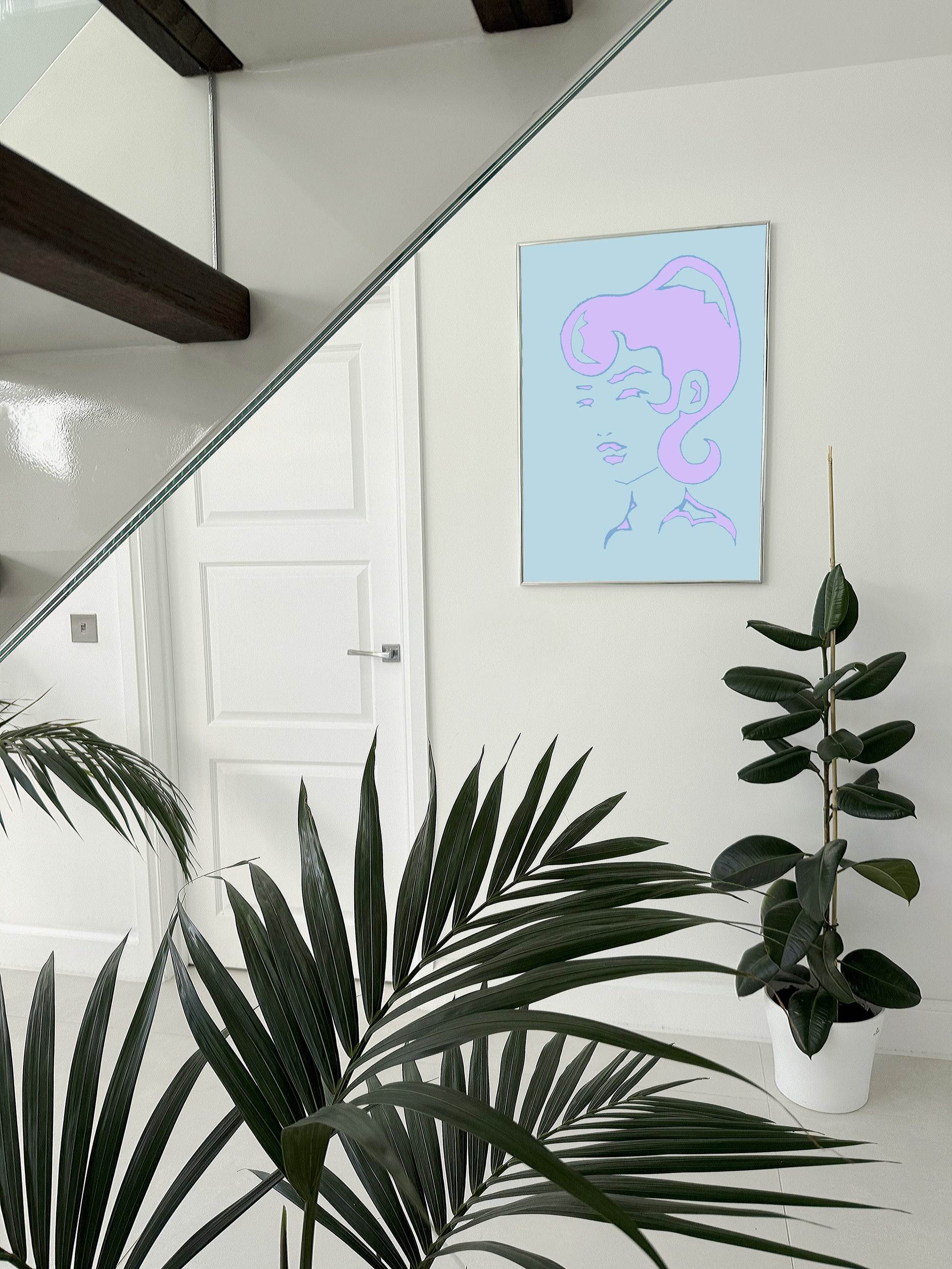 Modern artwork of a woman inspired by 1960s style in soft pastel colours.