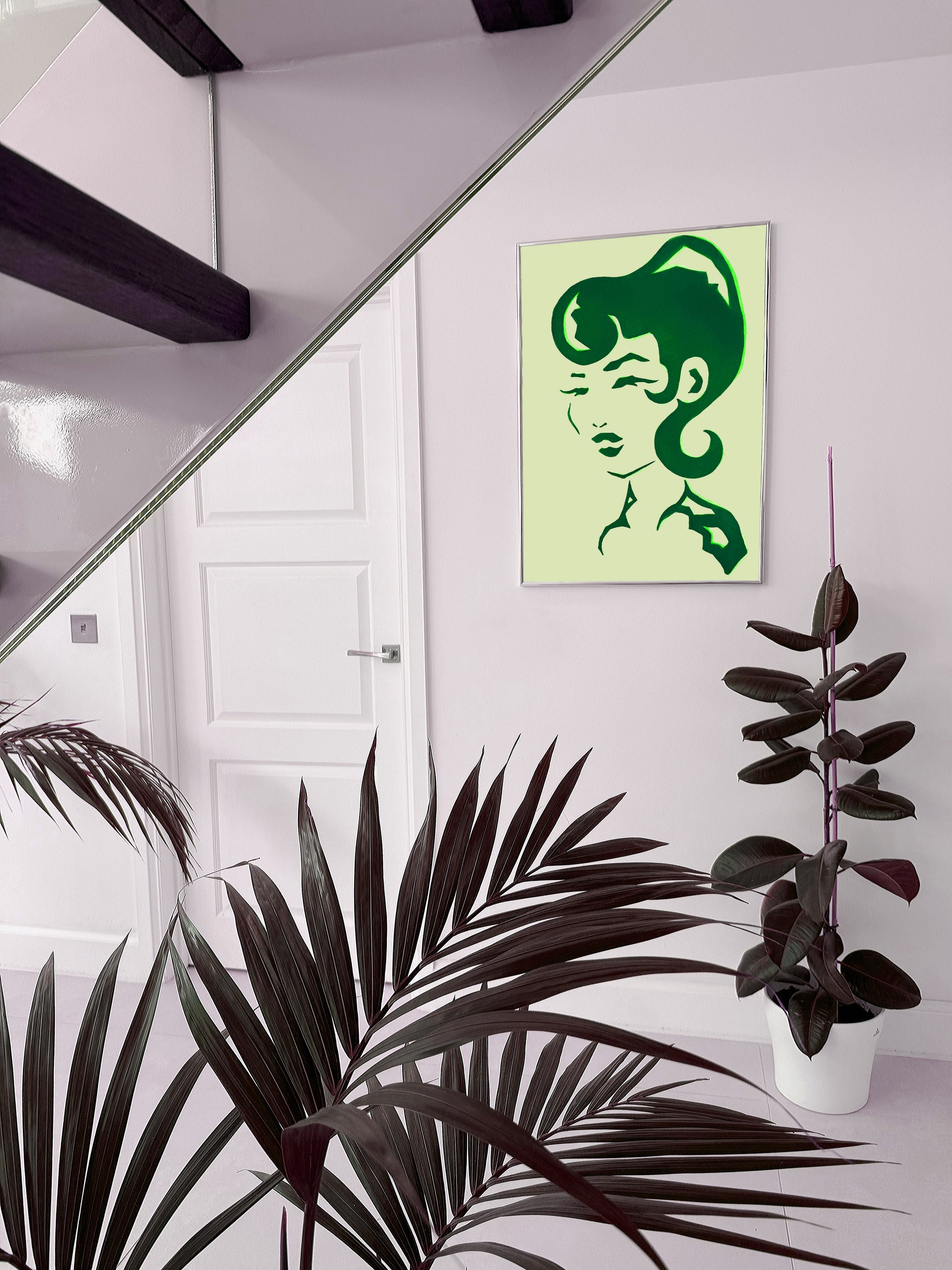 Modern artwork of a woman inspired by 1960s hair style in soft green tones.