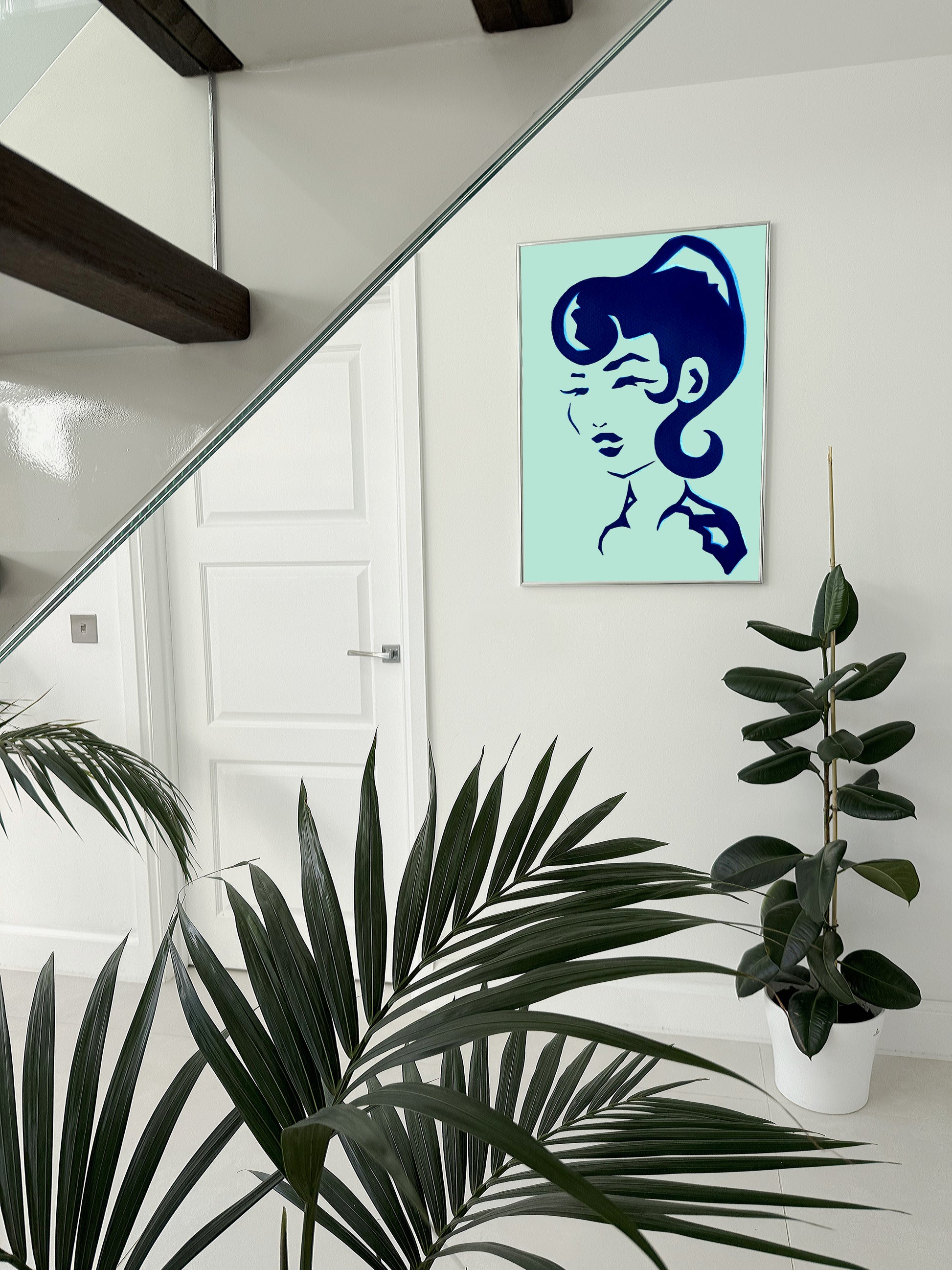 Modern artwork of a woman inspired by 1960s hair style in soft blue tones.