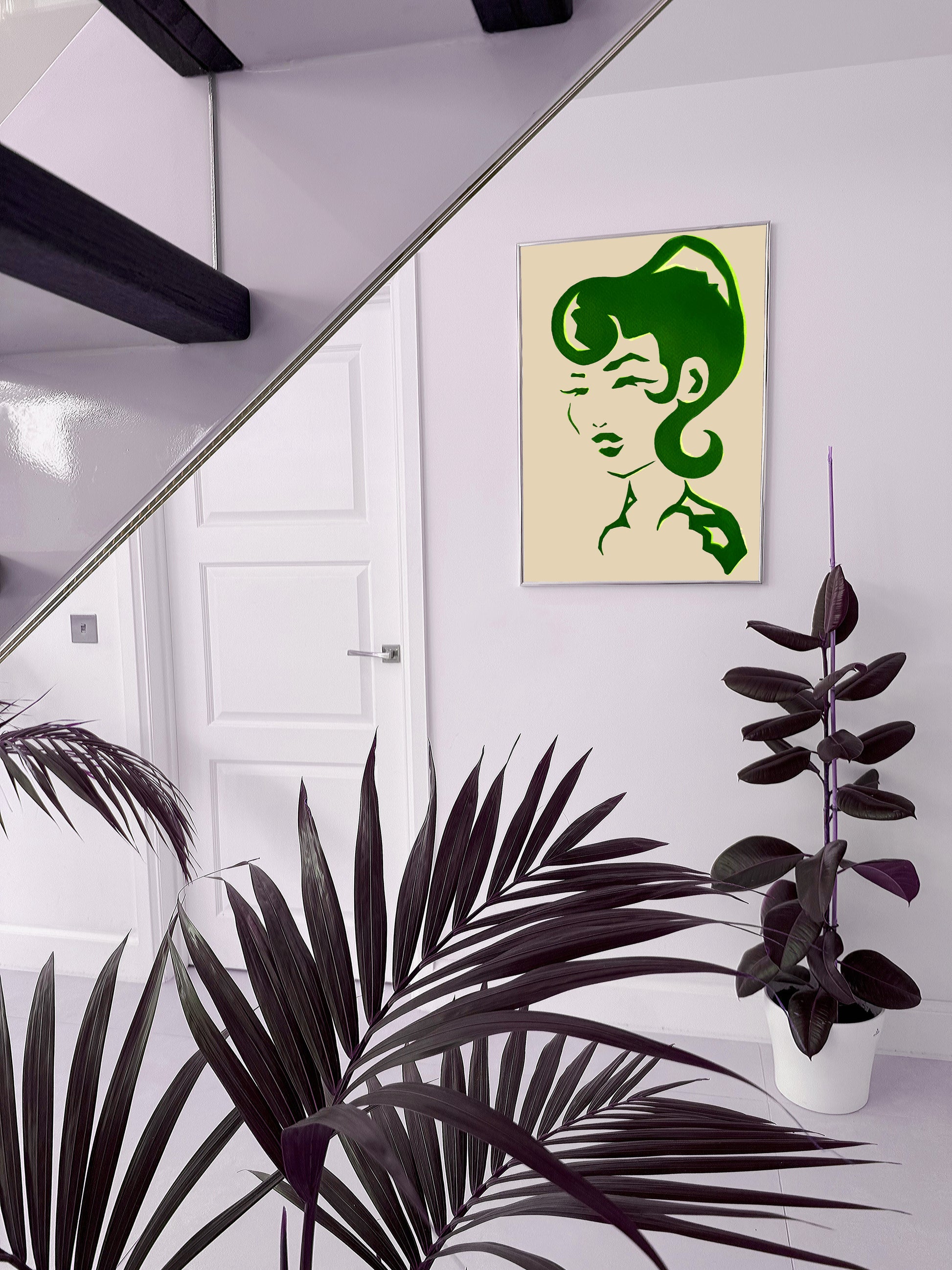 Modern artwork of a woman inspired by 1960s hair style in soft green tones.