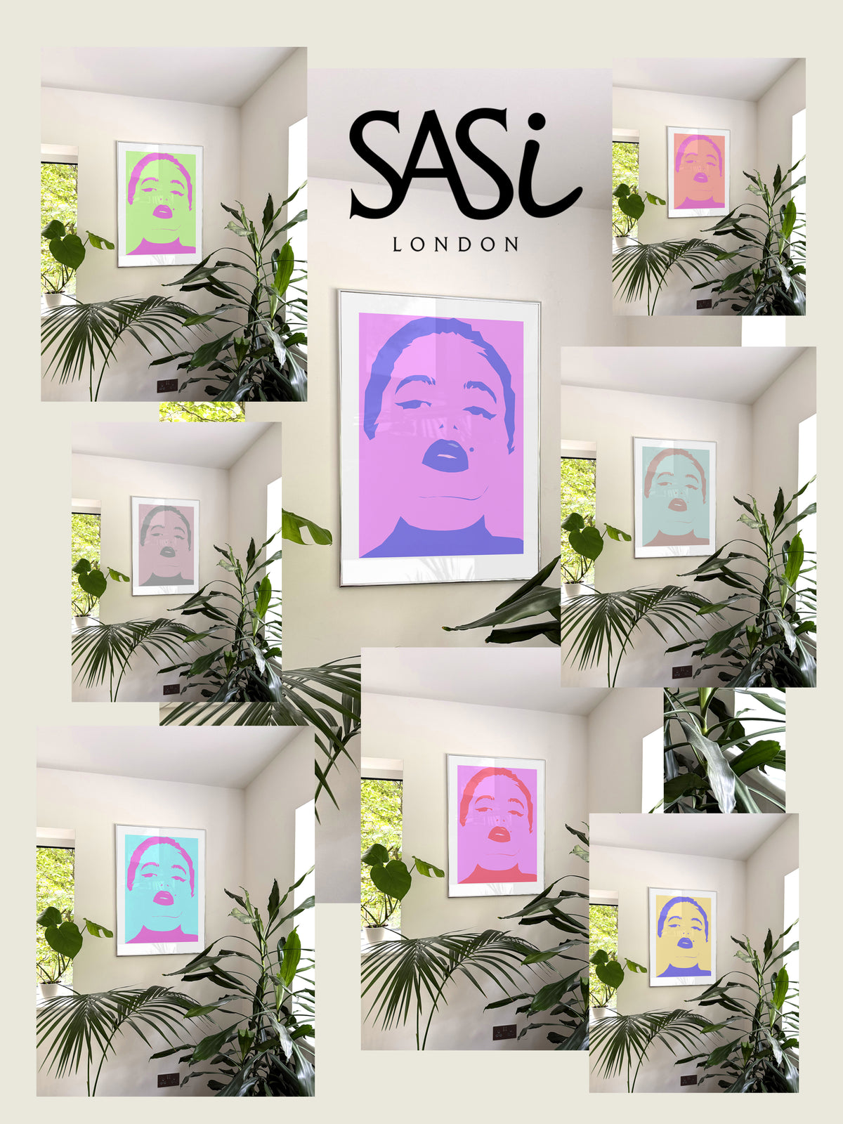 Collage of artworks. Female Face. Pop art. Colourful. minimalist art.