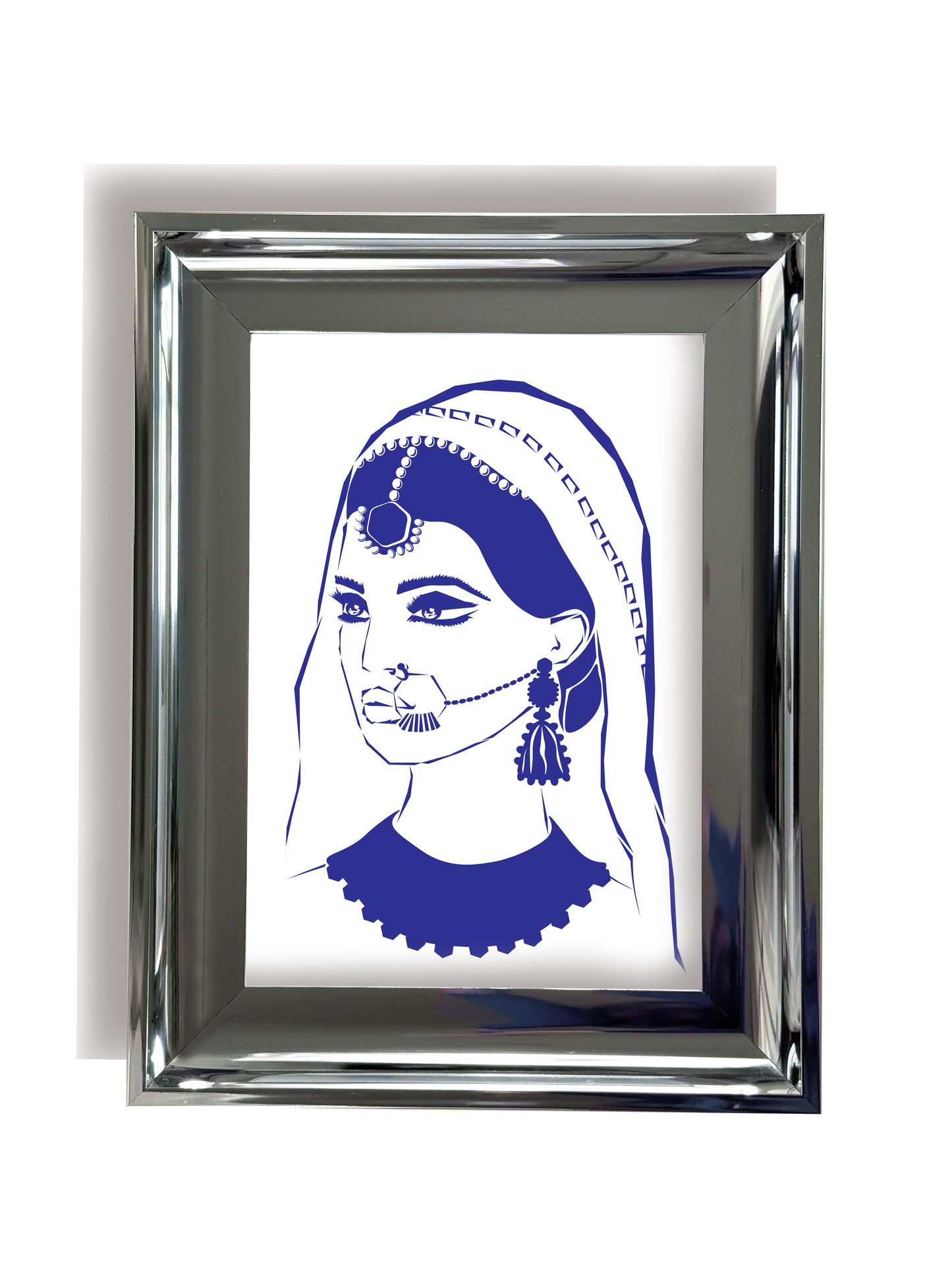 Framed artwork of an elegant Indian woman, portrait with decorative elements on a white background. Traditional Indian outfit.
