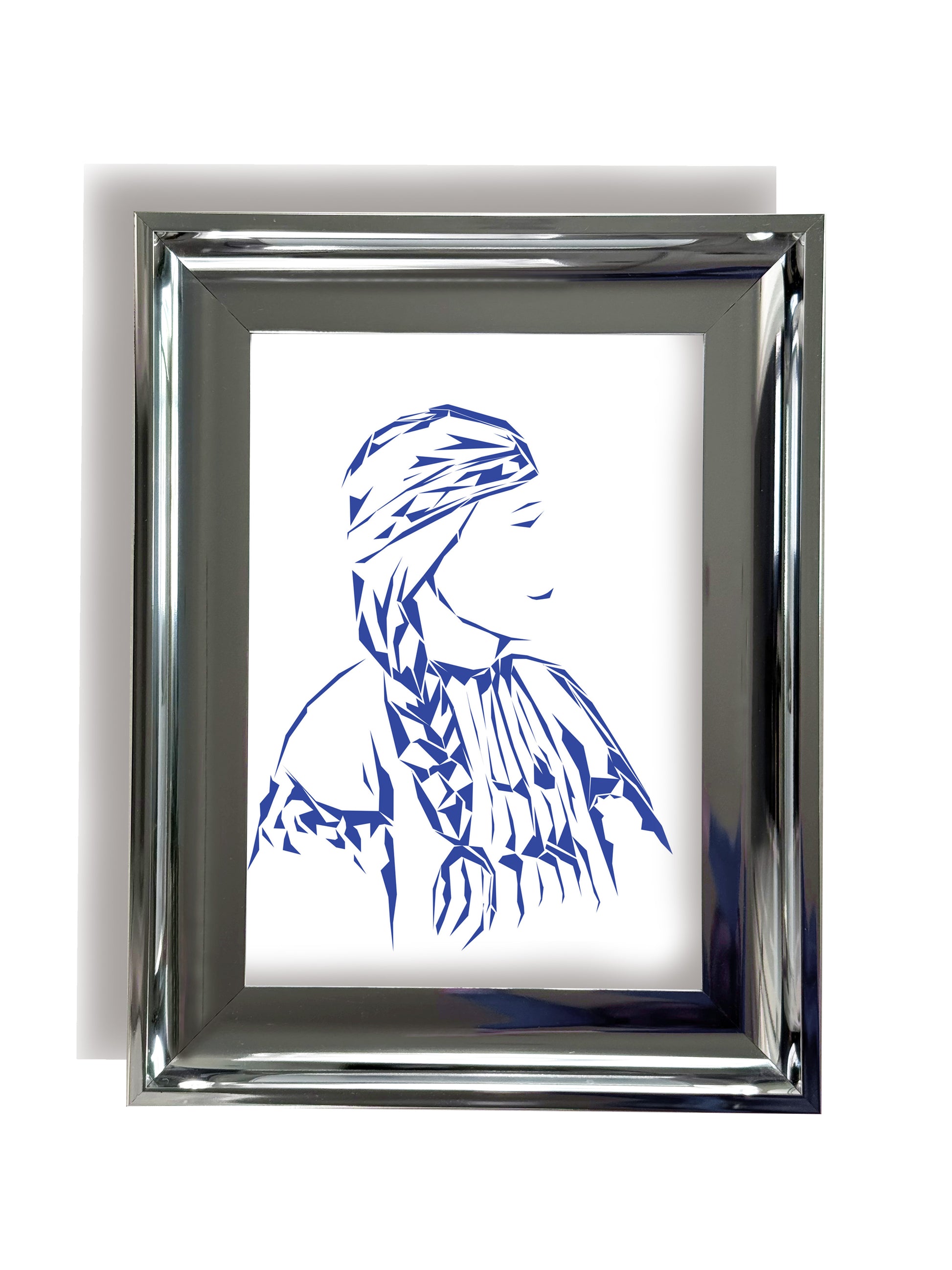 Framed artwork of a powerful Indigenous woman, portrait with a blue outline on a white background