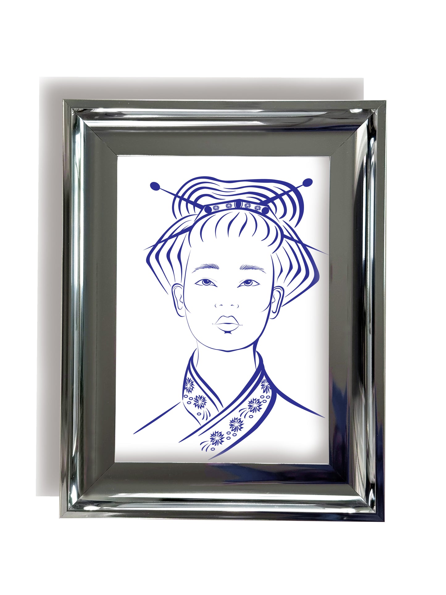 Framed artwork of a stylized illustration of a Japanese woman with traditional hairdo on a white background